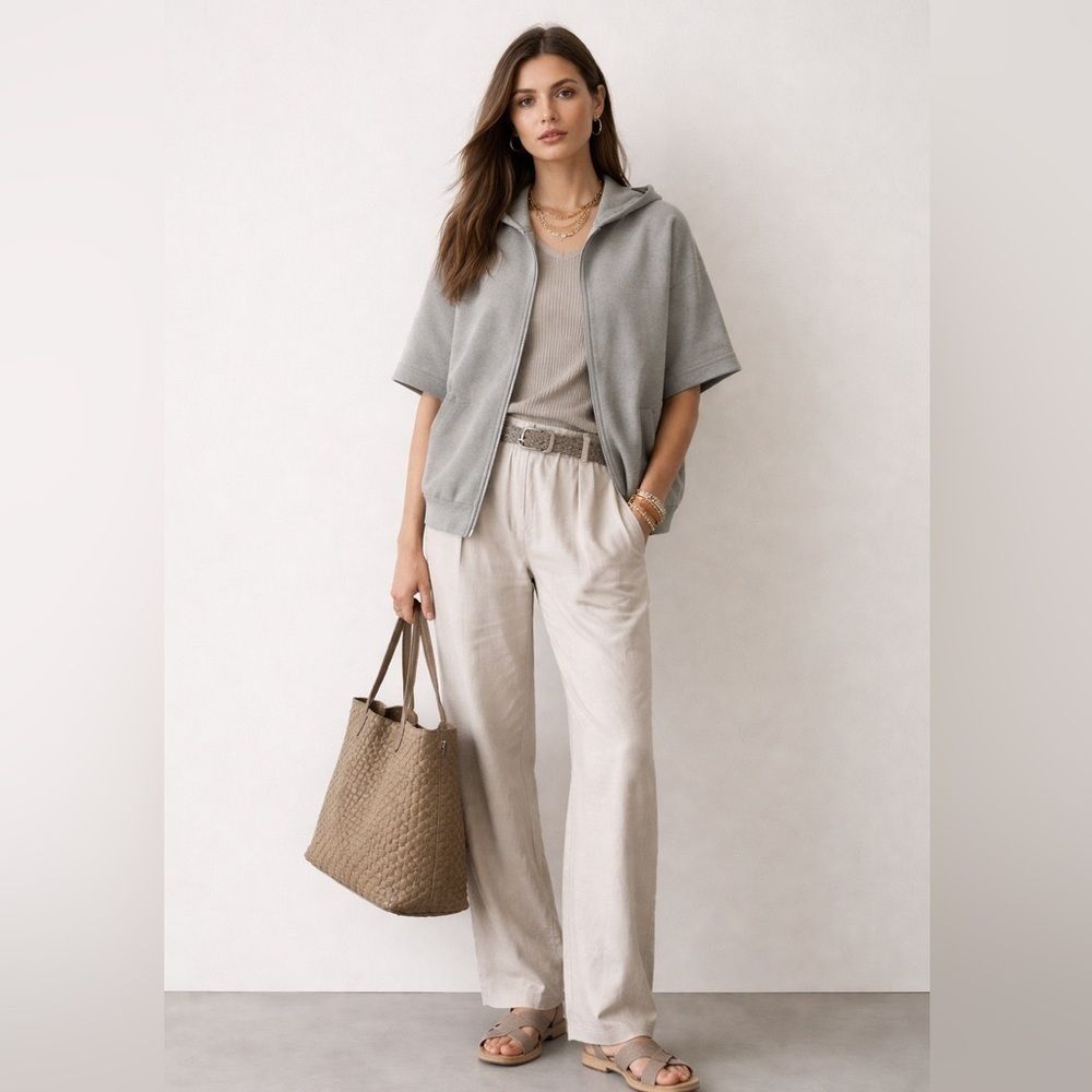 Brunello Cucinelli gray hooded cotton and silk zip front short sleeve hoodie.XS